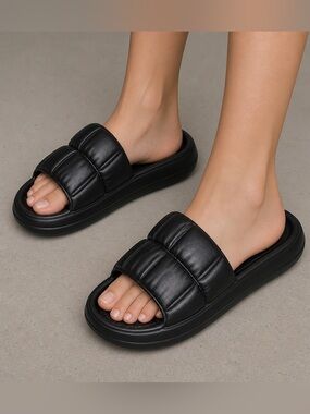 Black Padded Cloud Slides | Ultra Soft Thick Sole Comfort Slippers